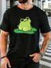 Cute Green Frog On Lotus Leaf Unisexs Front Print T Shirt Funny Amphibian Graphic Tee Casual Short Sleeve Top Animal Lover Gift