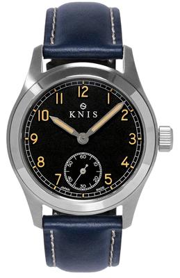 Часы KNIS Varnish Made in Japan с ретро-армейским покрытием, сапфировым стеклом, водонепроницаемостью 10 АТМ, черным циферблатом, темно-синей кожей, мужские KN003-BKNVLE