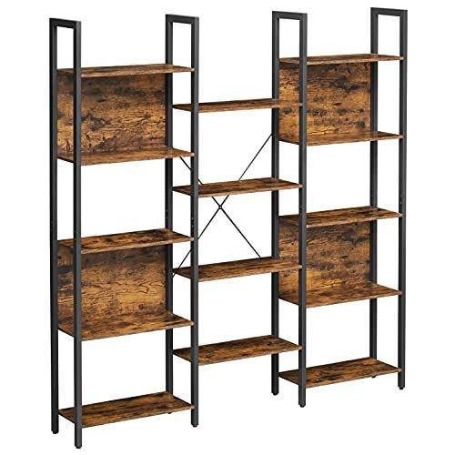 Bookcase, Shelves with 14 Storage Shelves, Metal Frame, Living Room, Study, Office, Industrial Style, 158 X 24 X 166 Cm, Rustic