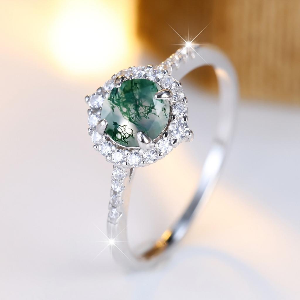 Unique charm S925Sterling silver round ring with aquamarine and agate Green Moss Fashionable European and American Style Jewelry
