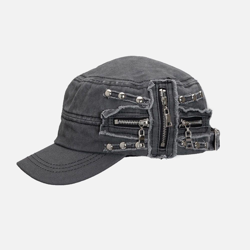 Y2k Metal Rivet Flat Top Hat Cloth Equestrian Hat Personality Retro Baseball Cap  Travel