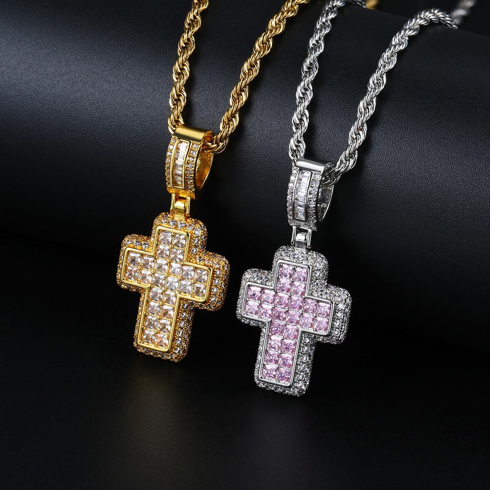 Hiphop Luxury Inlaid CZ Cross Pendant Rope Chain Necklaces for Men Women Punk Personality Rapper Accessory Fashion Neck Jewelry