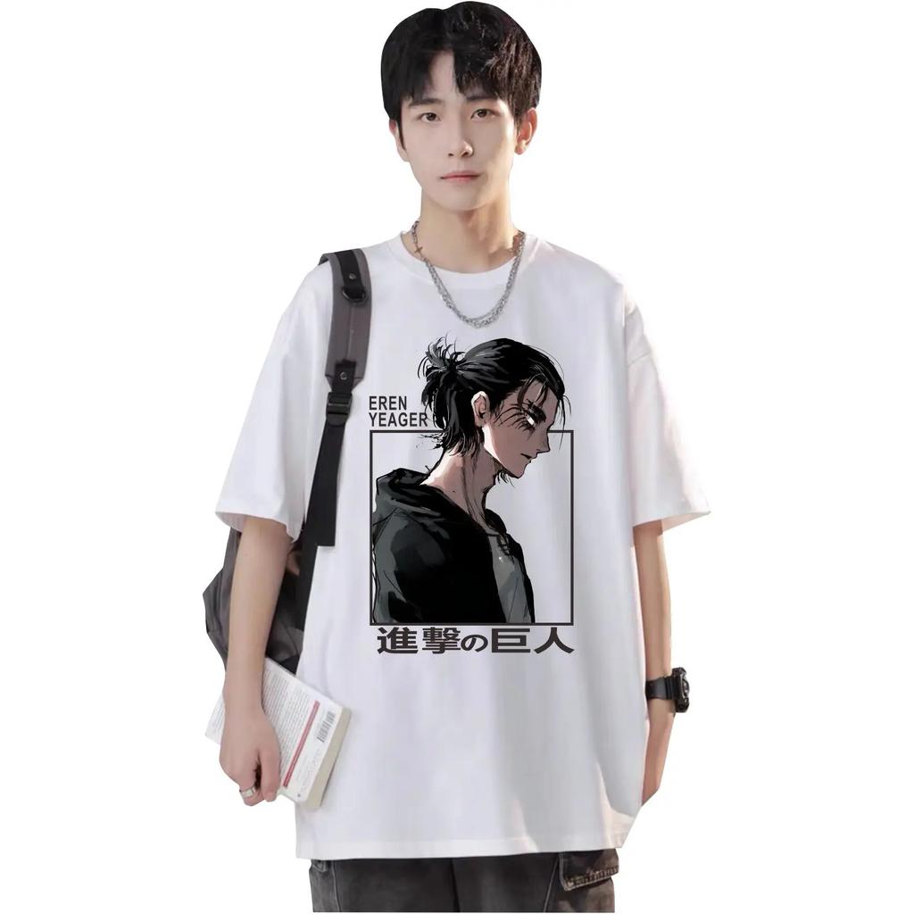 Patterned printed T-shirt with "Attack on Titan" cartoon design - pure cotton men and women trendy and versatile for the street