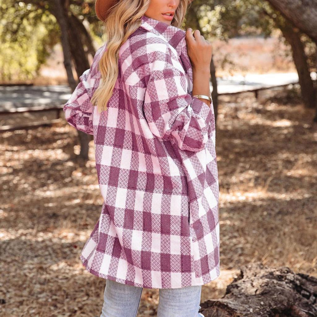 Women's And Winter Plaid Color Block Patchwork Coat With Pockets Lapel Classic British Style Tweed Coat