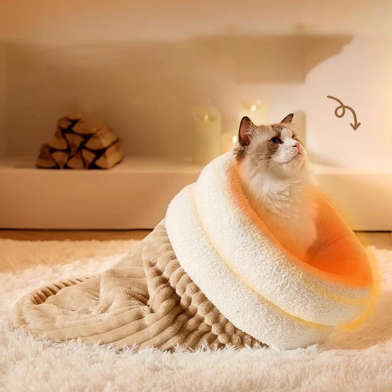 Зимний спальный мешок для кошек Полузакрытое кошачье гнездо Грелка Мягкий плюшевый Утеплитель Уютные кровати Аксессуары для маленьких котят Собак 3-6 кг