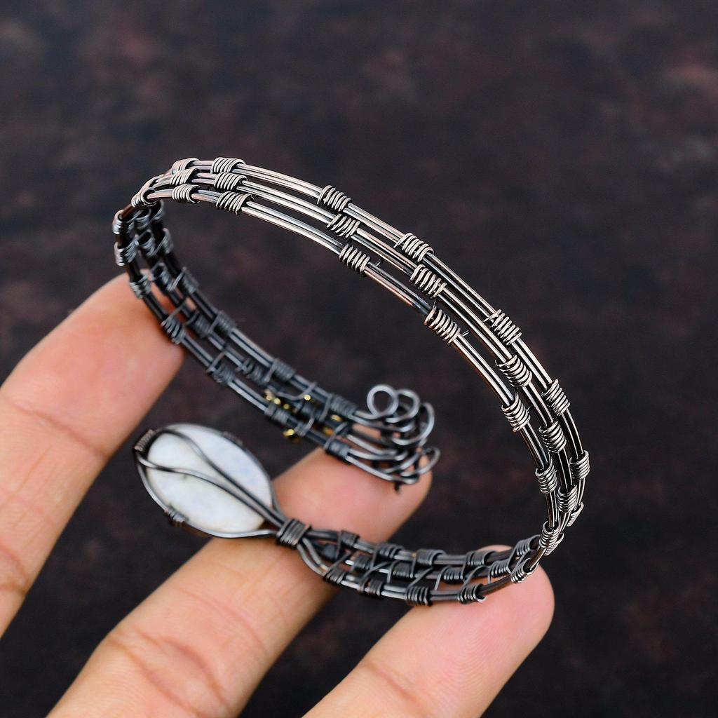 Браслет-манжета Rainbow Moonstone, браслет из медной проволоки с драгоценными камнями, регулируемый браслет-манжета ручной работы, ювелирные изделия из медной проволоки, браслет из лунного камня