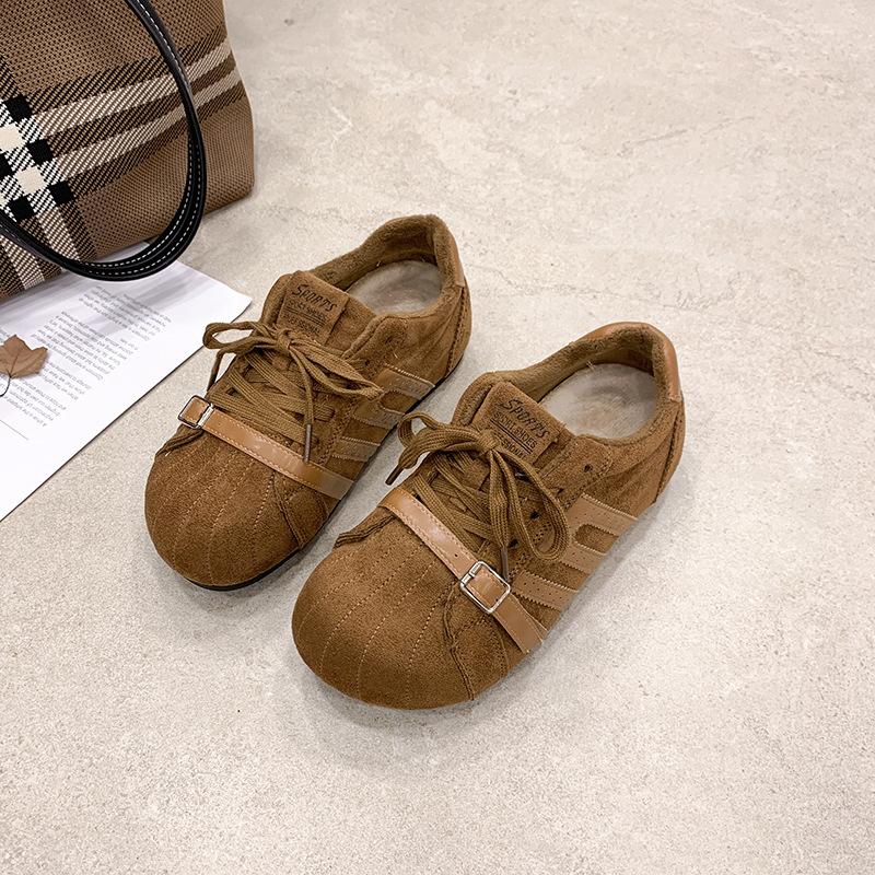 Winter velvet inner height increase German training shoes women's shell head fashionable comfortable warm casual lace-up cotton shoes women