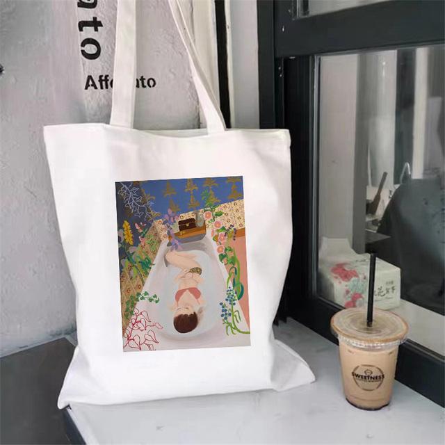 Белая простая сумка для покупок Милая сумка с принтом Kawaii Сумка для покупок Harajuku Холщовая сумка для покупок Сумка для девочек Сумка на одно плечо для женщин