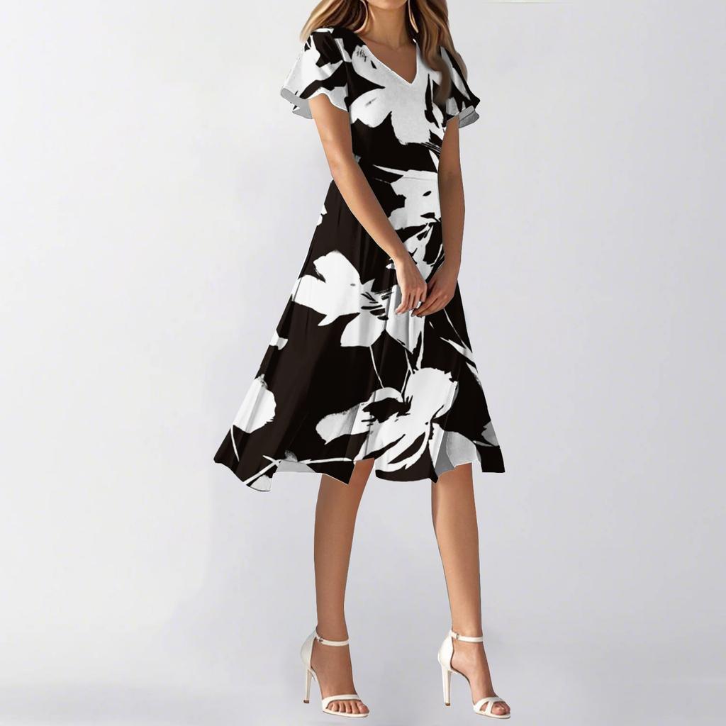 Women's Summer Casual Fashion Flower Print Dress V Neck Short Sleeve Short Skirt