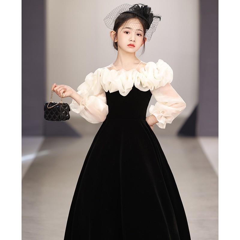 Girls Black Hepburn Style Long Sleeve Evening Gown Birthday Party Piano Performance