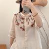 women floral embroidery linen shirt turn down collar three quarter sleeve button down casual blouse
