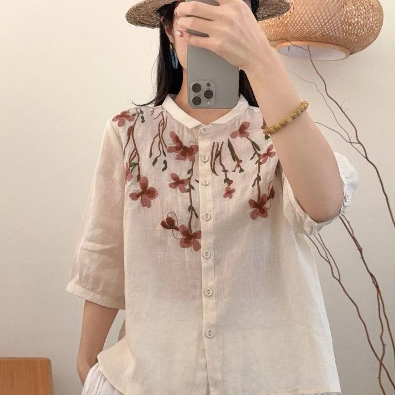 women floral embroidery linen shirt turn down collar three quarter sleeve button down casual blouse