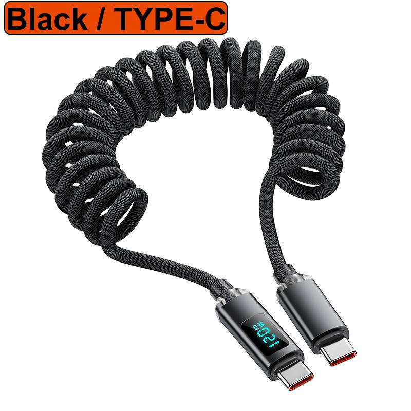 1M/2M 120W Пружинный Выдвижной USB A/C Тип C На Тип C Кабель Быстрой Зарядки Светодиодный Цифровой Дисплей ДАННЫЕ 480 Мбит/с Для Iphone15 16 Sams
