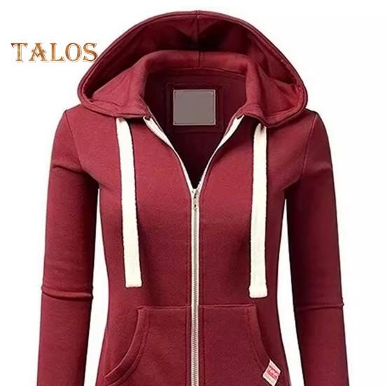 Fall Winter Women Jacket Drawstring Hooded Zip-up Long Sleeves Pure Color Slim Fit Elastic Cuff Cardigan Pockets Sport Fitness Coat