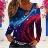 Women Plus Size Asymmetric Cutout Neck Cold Shoulder Long Sleeve Printed Red White Blue Star Stripe Fitted Blouse