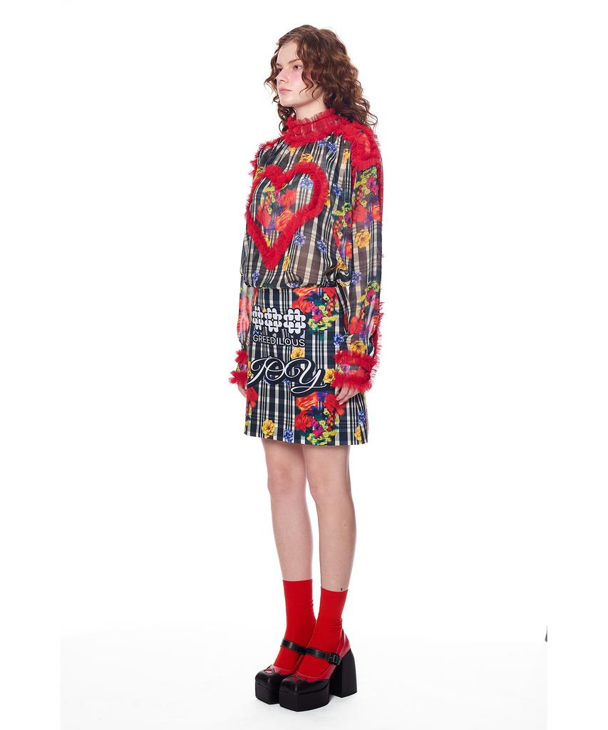 GREEDILOUS Joy Emblem Check Skirt