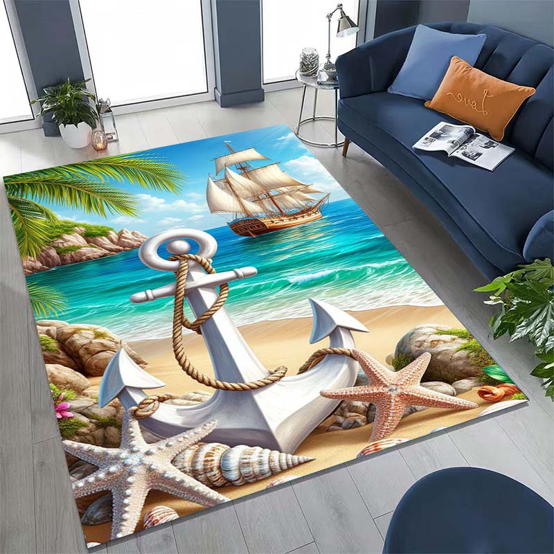 Large, non-slip decorative rug featuring a classic vintage nautical anchor pattern.