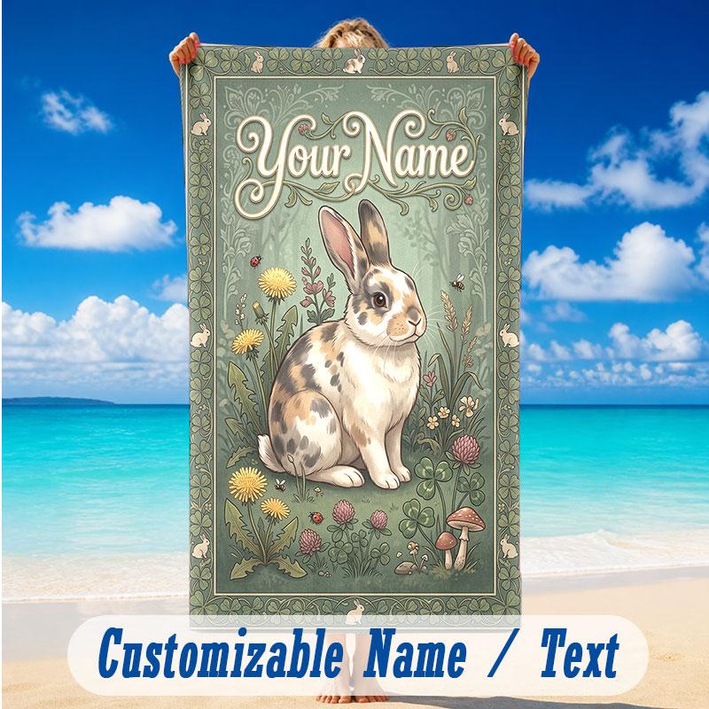 Easter Bunny Theme Beach Towel Personalized Custom Name & Text Soft Quick Dry Beach Towel for Swimming Travel