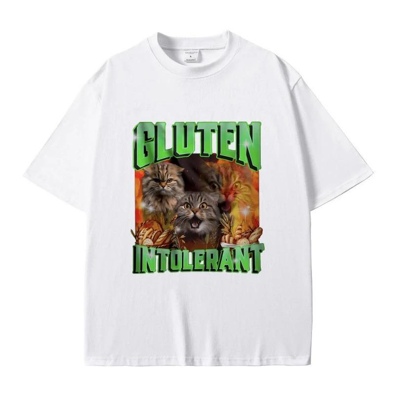 Gluten in Tolerant Cat Funny Meme Print T-shirt Male Fashion Oversized Streetwear Men Women Casual Cozy Pure Short Sleeve Y2K
