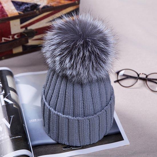 Detachable Faux Mink Silver Fox Fur Ball Cap Pom Poms Winter Hat for Women Girl 's Hat Knitted Beanies Cap