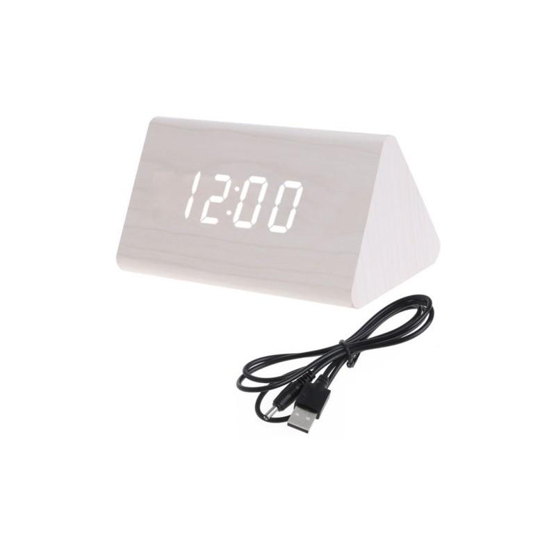 Sleek Wooden Voice Control Led Display Alarm Digital Triangular Desk Clock Thermometer