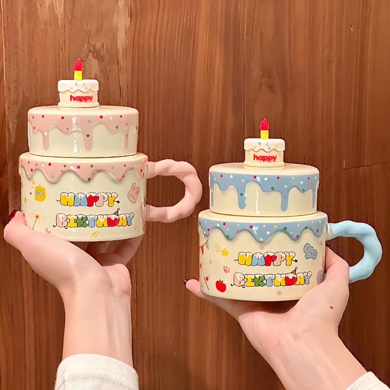 Cream Birthday Cake Ceramic Cup Souvenir Cute Mug with Lid Spoon Girls and Children Gift Box