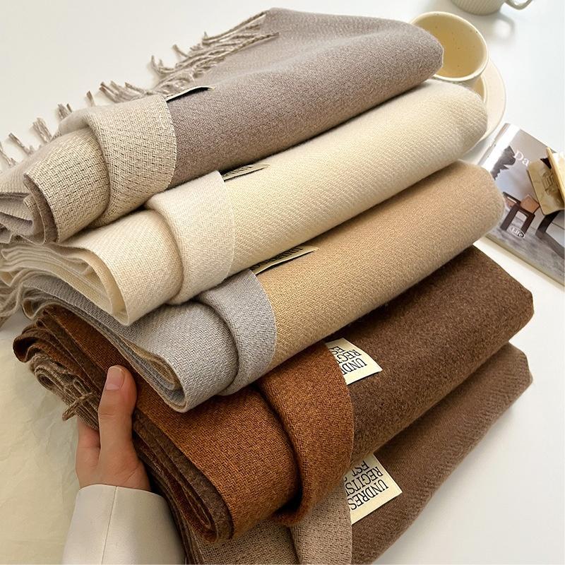 Thickened Double-Sided Fringed Scarf Pure Color Cashmere-Style Women'S Fashionable Student Two-Purpose Shawl Autumn Winter Korea