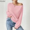 ZANZEA Women Off Shoulder Casual Long Sleeve Knitted Sweater Tops