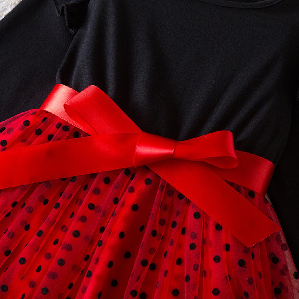 Девочки Мода Милые Платья Принцессы с Длинным Рукавом и Рукавами-Фонариками в Сетку в Горошек Платья