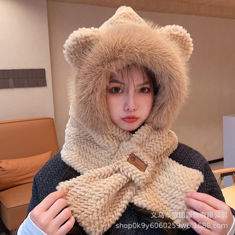 Winter cute sweet girl hat scarf gloves two-piece set women's velvet thickened warm ear protection scarf integrated