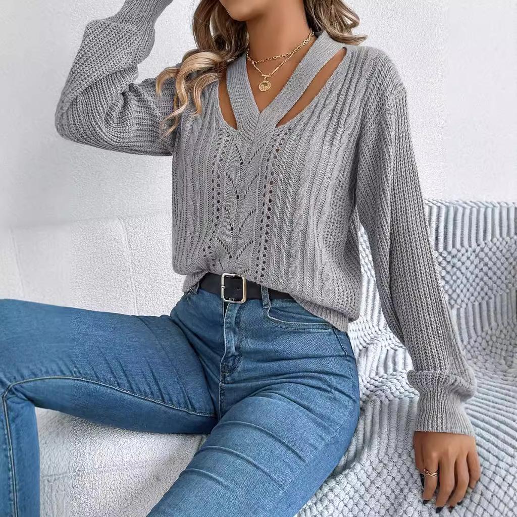 HNXC Autumn and Winter Casual Hollow V-neck Twisted Lantern Sleeve Pullover Sweater for Women
