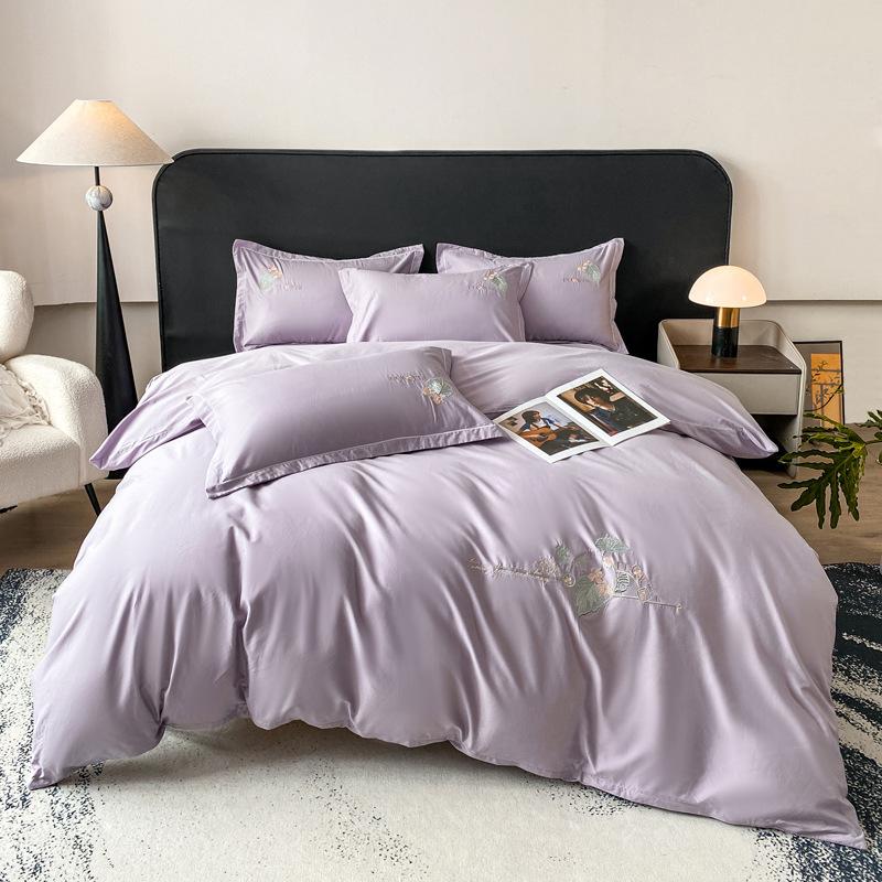 Легкая роскошь Высококлассный Класс А Чистый хлопок Комплект из четырех предметов для кровати Вышивка Приятный для кожи Дышащий Удобный Простыня Пододеяльник Наволочка