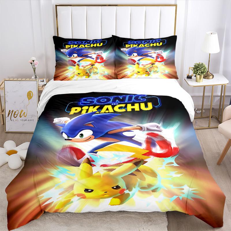 3pcs Sonic Pikachu Duvet Cover Set, 1 Duvet Cover + 2 Pillowcases (No Insert), High-Definition Print, Home & Dorm Set yy251208051