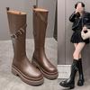 Belt Buckle Knee-high Modern Boots Square Heel Spring/Autumn Ladies Shoes  Hot Sale Round Toe Low Heel Women's Boots