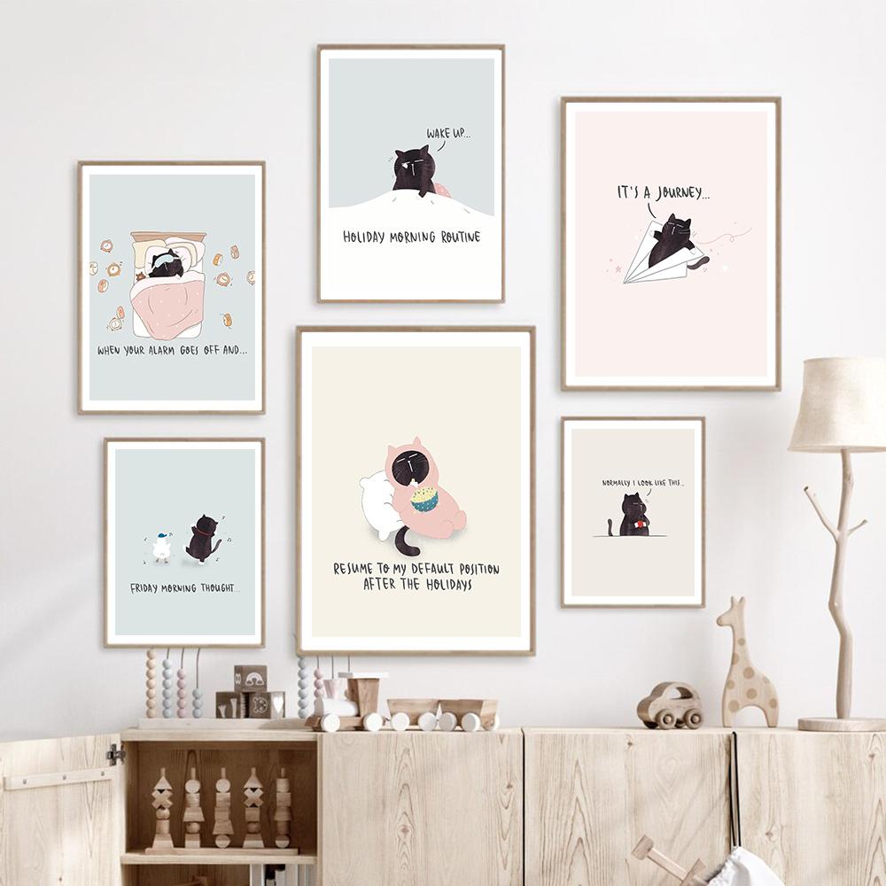 Смешной милый черный кот ест еду плакат скандинавский настенный рисунок холст картины принты мультфильм животные картинки для гостиной домашний декор без рамки