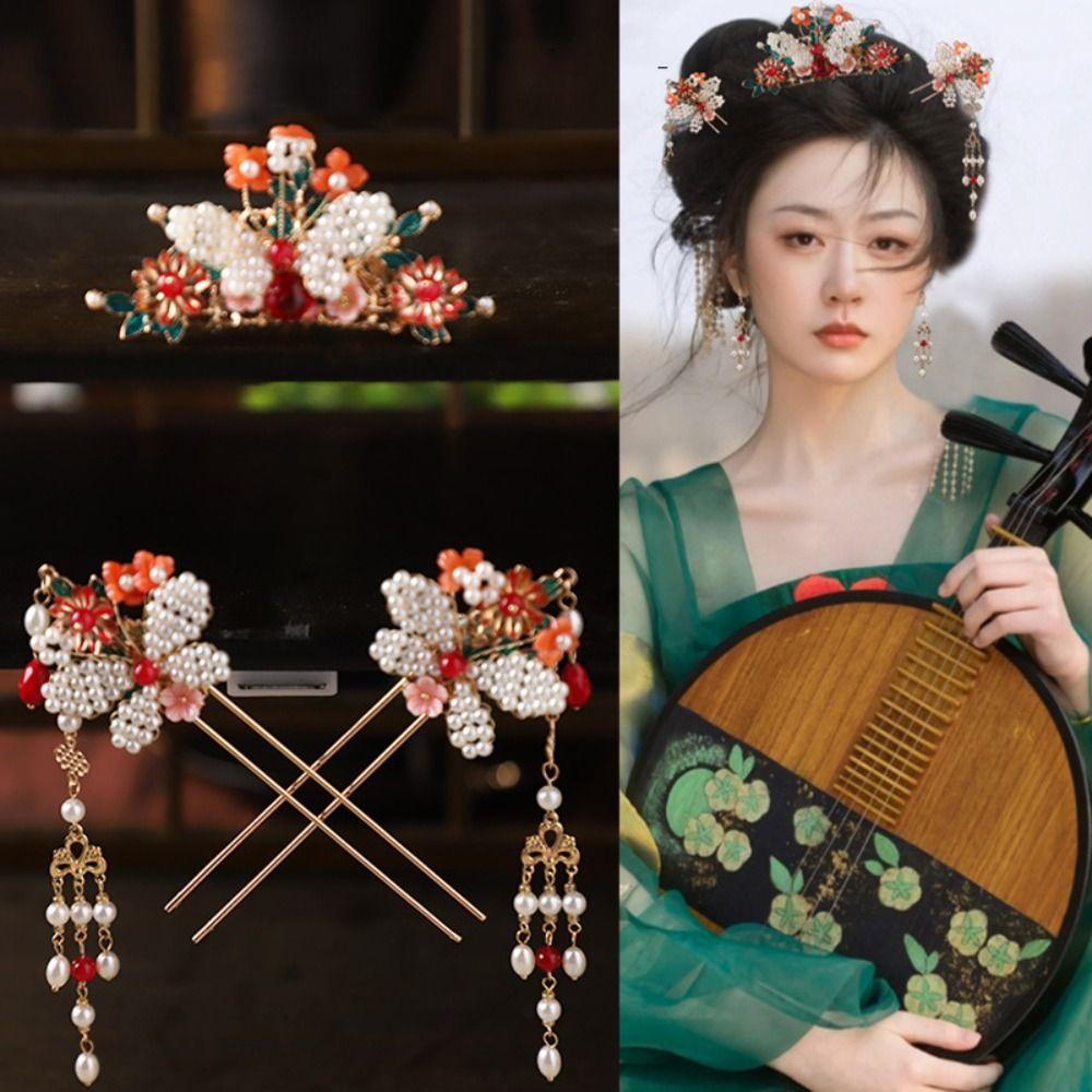 Жемчужный набор заколок для волос в китайском стиле, гребень для волос с цветком и бабочкой, ретро шпилька для волос Ханфу, инструмент для прически