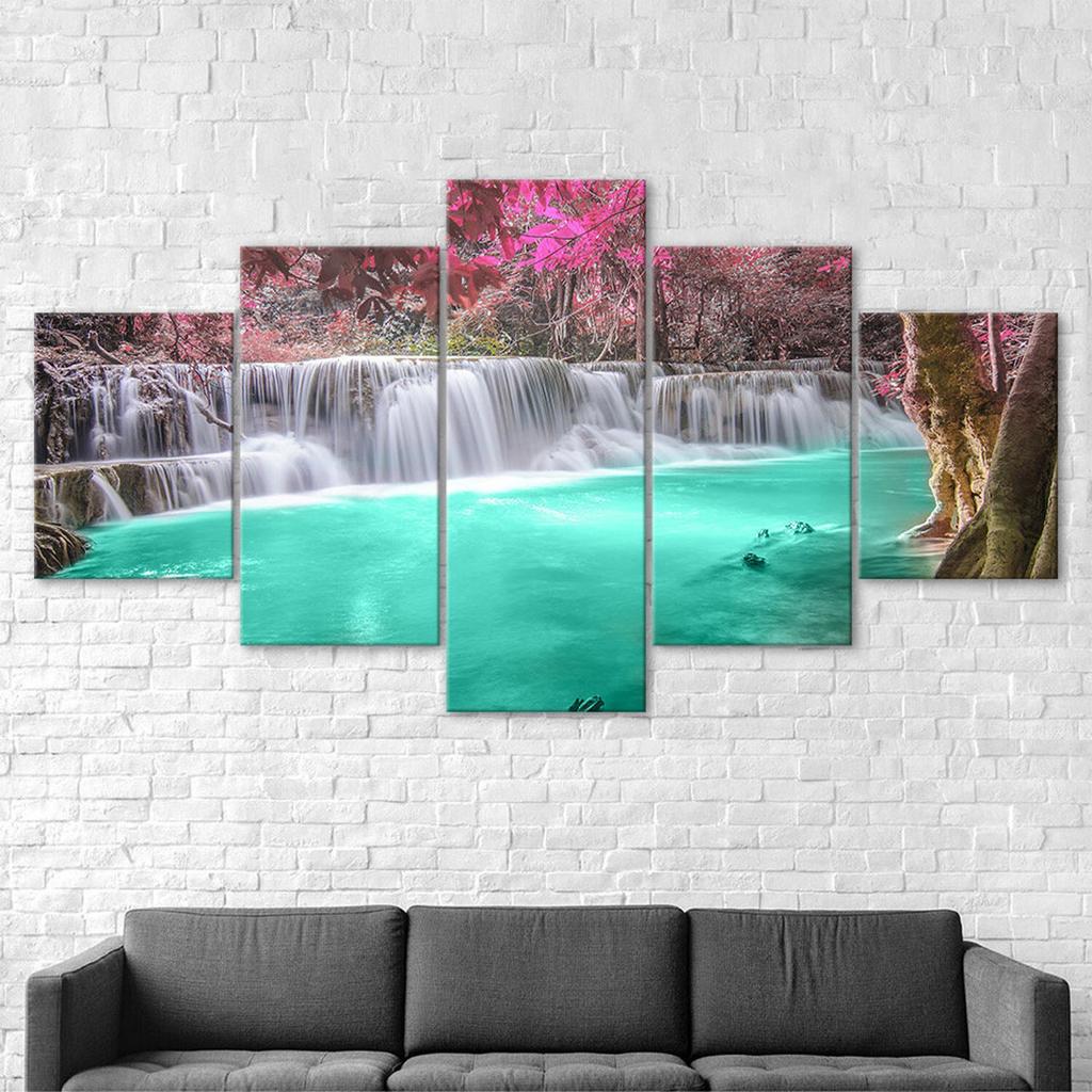 Beautiful Waterfall Scenery Painting 5 Piece Five Panel Canvas Print Modern Wall Art Poster Home Decor Gift For Him For Her