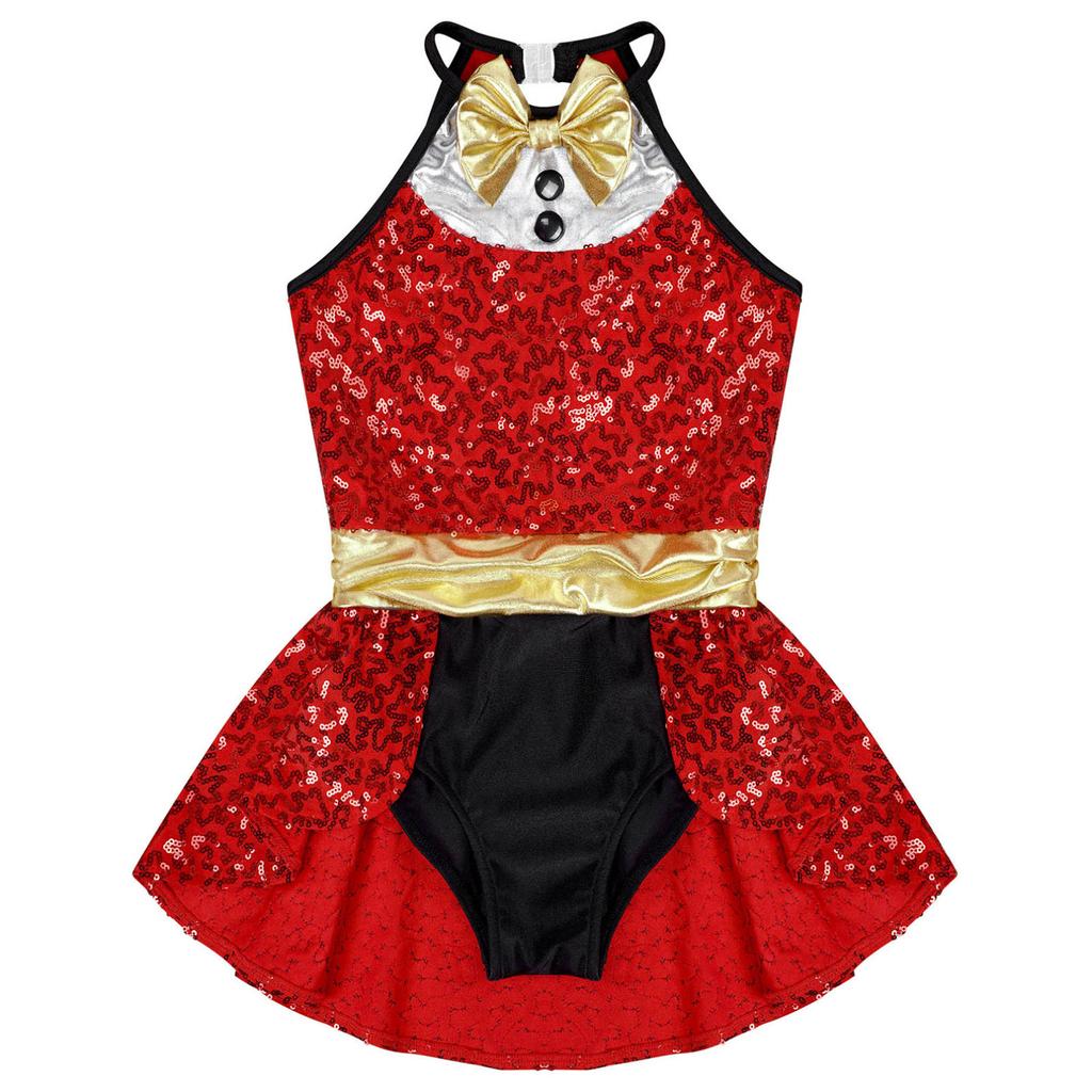 Детский рождественский гимнастический трико для девочек, комбинезон без рукавов с блестками, платье для балета и танцев, сценические костюмы