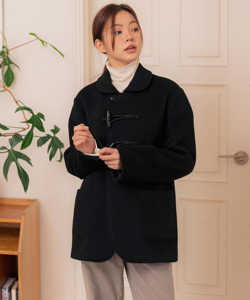 Cotton Bell Round Collar Duffle Coat - Black