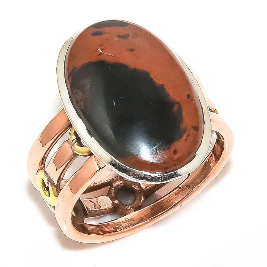 Двухцветное подарочное кольцо из стерлингового серебра 925 пробы с натуральным обсидианом красного дерева S.9 r1T52