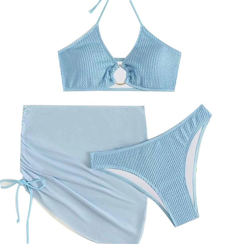 Европейский и американский бикини со стальным кольцом, трехсекционный плиссированный женский купальник бикини с разрезом