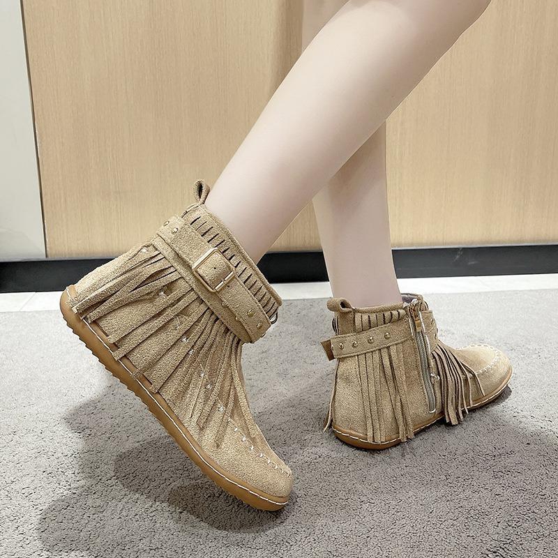 Women Autumn Flat Heel Ankle Boots Retro Suede Tassel Woman Boots Fashion Round Toe Soft Sole Femmes Casual Shoes Plus Size 43
