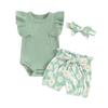 Baby Girls Summer Shorts Sets Short Sleeve Ribbed Romper Daisy Print Shorts Headband Sets
