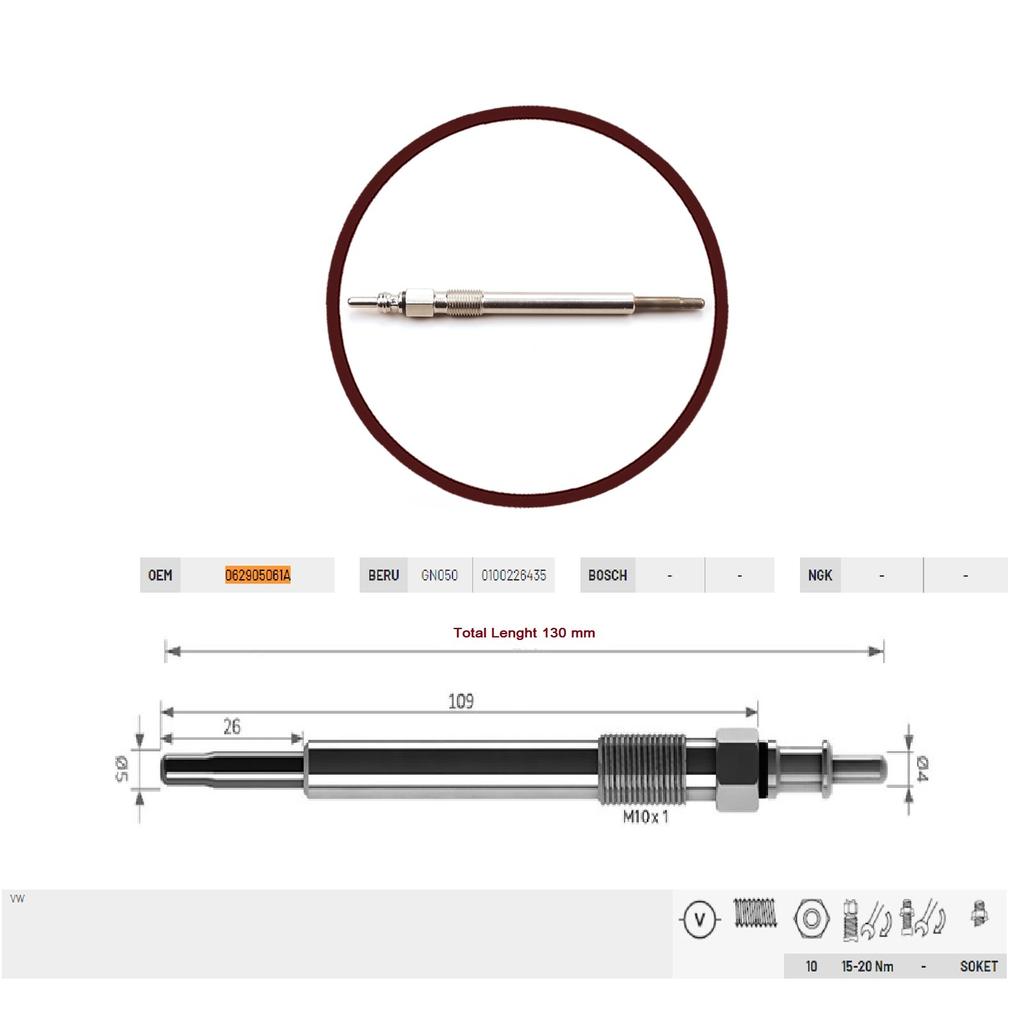 EGP107 1 Piece Glow Plug Auxiliary Heater 11.5 Volt 062905061A for VW LT MK2 28-35 28-46 2.8 TDI