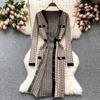 Long Sleeve Knit Sweater Dress Women Autumn Fashion Geometric Pattern Single Breasted Elegant Knitting Office Party Dresses