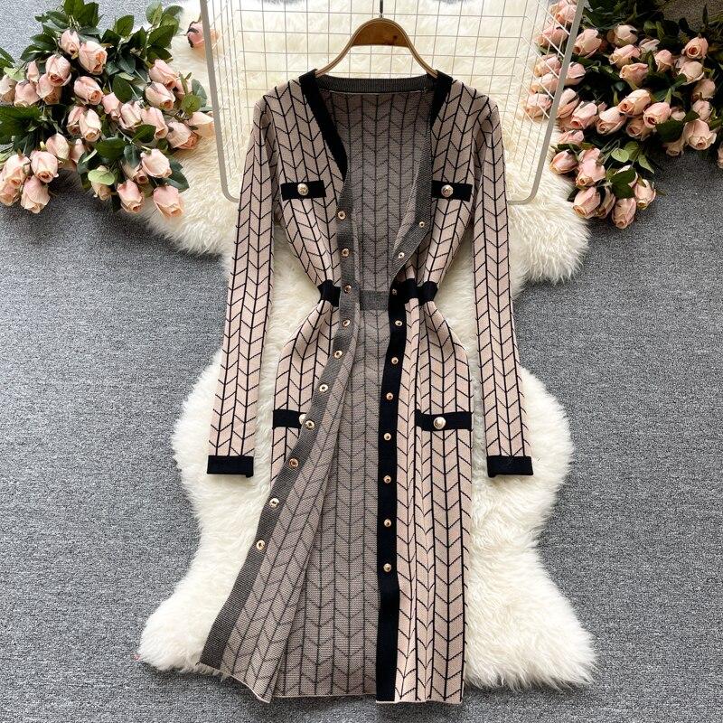 Long Sleeve Knit Sweater Dress Women Autumn Fashion Geometric Pattern Single Breasted Elegant Knitting Office Party Dresses