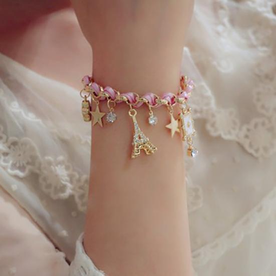 Women Fashion Eiffel Tower Stars Flower Poker Pendants Faux Leather Bracelet Jewelry