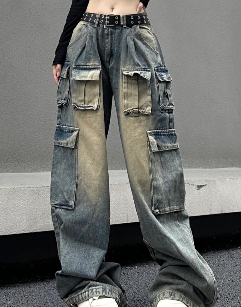 Multi-pocket Streetwear Cargo Pants Women Autumn Winter Wide-leg Washable Oversized Jeans Women Y2k Baggy Denim Pant