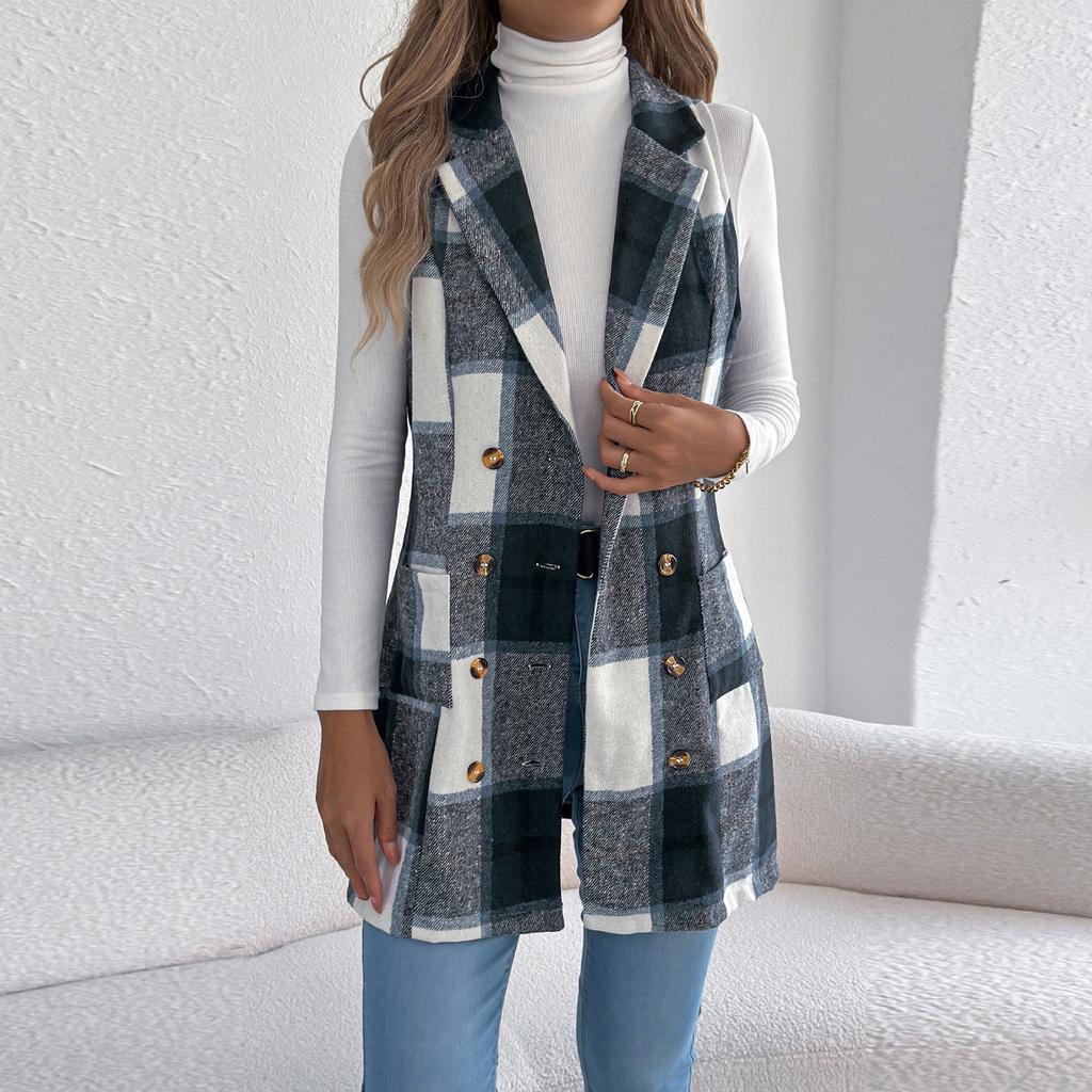 Женское клетчатое двубортное шерстяное пальто с карманами, длинный жилет