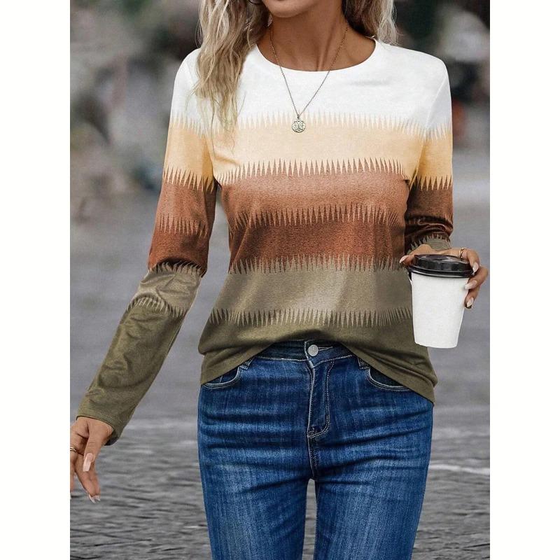 Женская футболка с длинным рукавом и полосатым принтом, женская свободная одежда, повседневная уличная одежда с круглым вырезом, футболки, топы